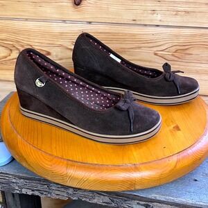 Vintage Roxy Marilyn Brown Suede Wedge Heels Pink Polka Dot Mary Jane Size 8.5